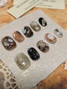 1package/10pcs-Gothic Noir Pearls & Amber Resin Statement Nails - Multicolor - View 1