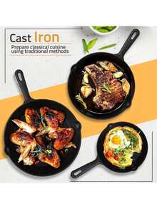 3/4/5PCS Cast Iron Skillet, Frying Pan With Drip Spout, Pre-Cooked Oven Cookware, Indoor And Outdoor Cooking For Camping, Grilling, Restaurant Chef Quality,Kitchen Cooking Tools, Pots, Frying Pans - 查看 2