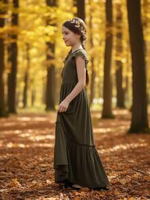 Tween Girl Solid Color Patchwork Lace Ruffle Trimmed Decorated Dress - 橄欖綠 - 查看 7