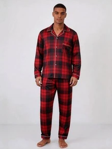 Snug League 男士睡衣套装（两件套），红色格子数码印花，柔软舒适的长袖纽扣上衣和松紧腰长裤，时尚秋冬睡衣，新年礼物 - 酒紅色 - 查看 3