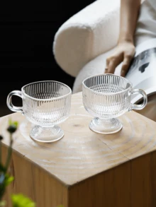 1pc Square Glass Cup With Handle, Suitable For Dessert, Breakfast, Milk, Coffee In Home, Office, Restaurant, Ramadan Gift, Eid Al-Fitr Gift, Valentine's Day Gift - Square Cup With Handle - Dense Ridges - View 1