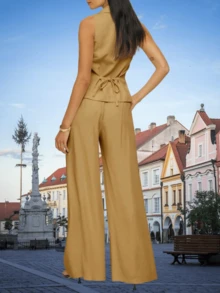 Womens Vest Sets Summer 2 Piece Outfits Button Work Crop Blazer Vest And Wide Leg Pant Suits - Khaki - View 5