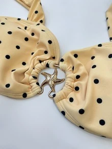 Yellow Women's Sexy Polka Dot Wide Shoulder Strap Two Pieces Split Bikini Set, Bohemian Elegant Black Polka Dot Starfish Metal Ring Decorative Strap Swimsuit, Suitable For Spring And Summer Beach Vacations, Pool Parties, Graduation, Birthdays, And Dance Fashionable Swimsuit - Multicolor - View 5