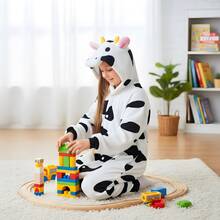 nerd hunters Kids Cozy Cow Hooded Kigurumi One-Piece Pajamas - Black and White - View 5