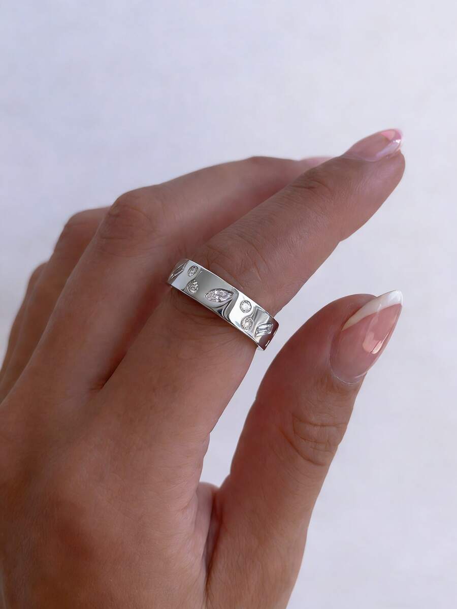 1枚925纯银几何方形立方氧化锆戒指，优雅珠宝礼物，适合女士周年纪念派对 - 幾何 - 查看 1