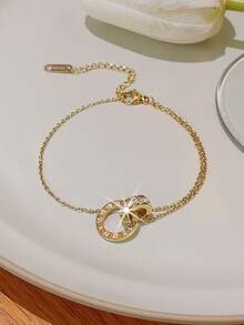 3/1pc Set 18K Gold Plated Luxury Stainless Steel Bracelet Set, Full Rhinestone Inlaid Cross Roman Numeral Bracelet & Delicate Roman Numeral Bracelet, Stackable - Gold - View 11