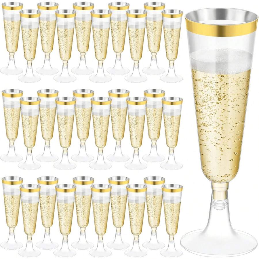 3pcs Transparent Champagne Glasses, Gold Rim, 5oz Plastic Cocktail/Martini Cups, Reusable, Unbreakable, Stackable, Suitable For Wedding, Birthday Party, Valentine's Day, New Year Gift - View 1