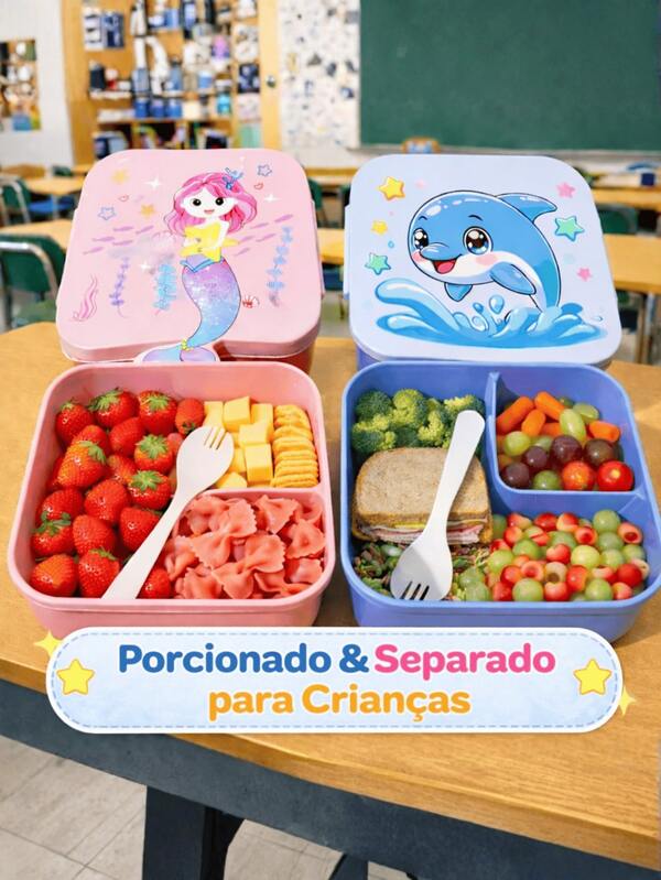 Lancheira Infantil Dupla com 2 Divisórias – Estampada Sereia e Golfinho, Prática, Térmica e Portátil nas Cores Rosa e Azul