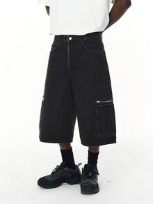 1 pieza Jeans anchos de longitud 7/8 de estilo retro y oversize en color negro, pantalones cortos vaqueros de trabajo casual para jóvenes, unisex (cinturón y accesorios no incluidos) - Negro - Ver 3