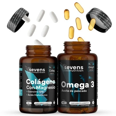  Collagene marino con magnesio, acido ialuronico e coenzima Q10 + Omega 3 2000 mg Omegatex® – Ossa, articolazioni, pelle, cuore e cervello – EPA 720 mg + DHA 480 mg – 120 capsule + 120 capsule – Sevens Nutrition - Spedizione in 24/48 ore