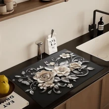 1pc 3D Floral Design Absorbent Drying Mat, New Waterproof Kitchen Counter Drying Pad, Soft Silicone Non-Slip Quick Dry Mat For Kitchen Counter, Coffee Maker, Etc. - FULSD253 - View 3