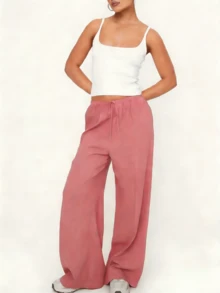 [Linen Wide-Leg Pants] Breathable And Moisture-Wicking Wide-Leg Trousers - Elegant And Comfortable Sold Color Loose Linen Pants For Women Summer Flowy High Waisted Beach Palazzo Trousers  - 西瓜紅 - 查看 6