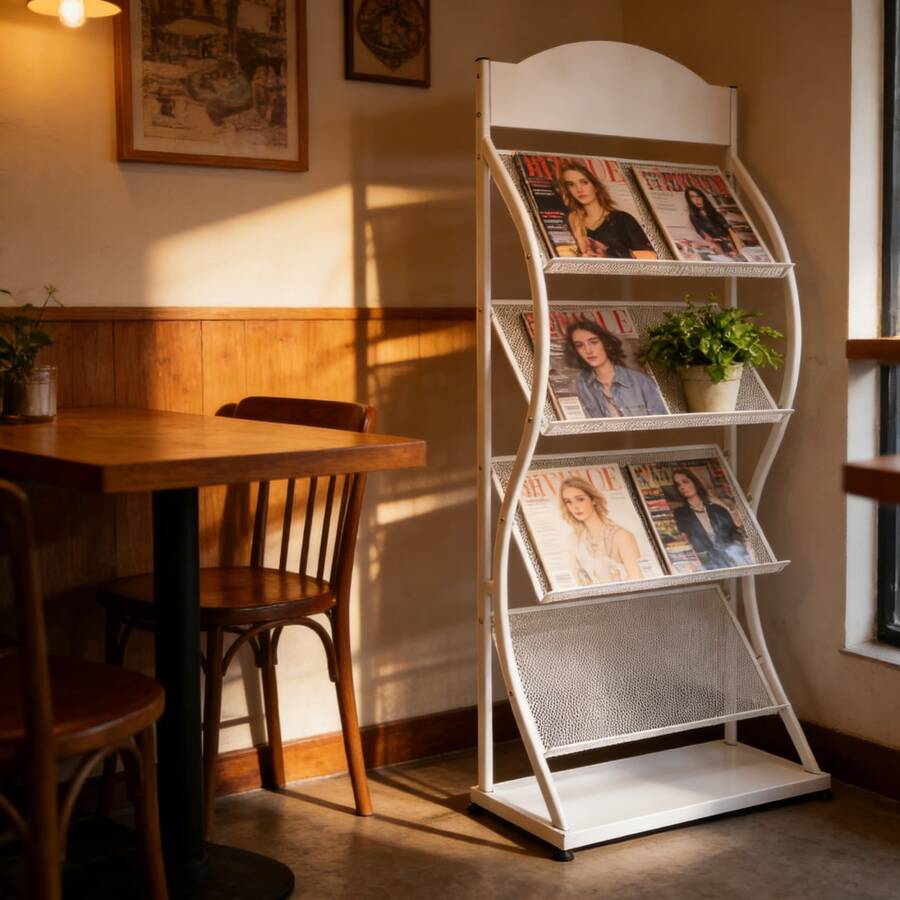 SHIOUCY White 4-Tier Floor Standing Magazine Rack, 33.06lbs Capacity Per Tier Iron Storage Organizer For Home Library Bookstore - Minimalist - View 1