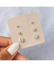 3 Pairs Of Women's Stud Earrings In Gold With Cubic Zirconia, 18k Gold Plated Costume Jewelry - 金色 - 查看 3