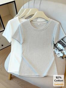 2pcs/Set Kaos Lengan Pendek Motif Bunga Abu-abu + Putih Terbaru Musim Semi/Panas, Kaos Dalam Wanita Slim Fit Warna Polos Kasual - Abu-abu muda + putih - View 4