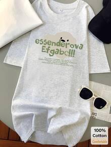 2026夏季新款纯棉短袖中长款T恤女装，时尚灰色休闲上衣 - 花灰色 - 查看 2