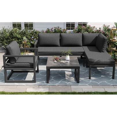 Set di mobili da giardino in corda, set relax da giardino, divano angolare, struttura in ferro zincato, gambe del divano regolabili, inclusi tutti i cuscini e i guanciali, colore grigio