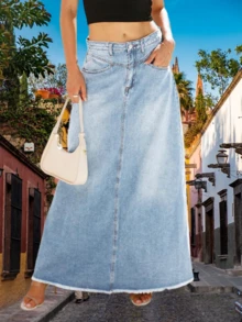Women's Vintage Denim Maxi Skirt Casual Solid High Waist A-Line Frayed Hem Long Jean Skirt With Pockets - màu xanh nhạt - Xem 2