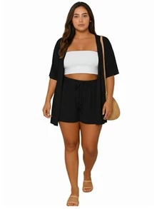 2-Piece Set: Kimono + Shorts, Duna Style, Women's Blogger Style, 2026 Beachwear, Beach Cover-Up, Kimono - màu đen - Xem 2