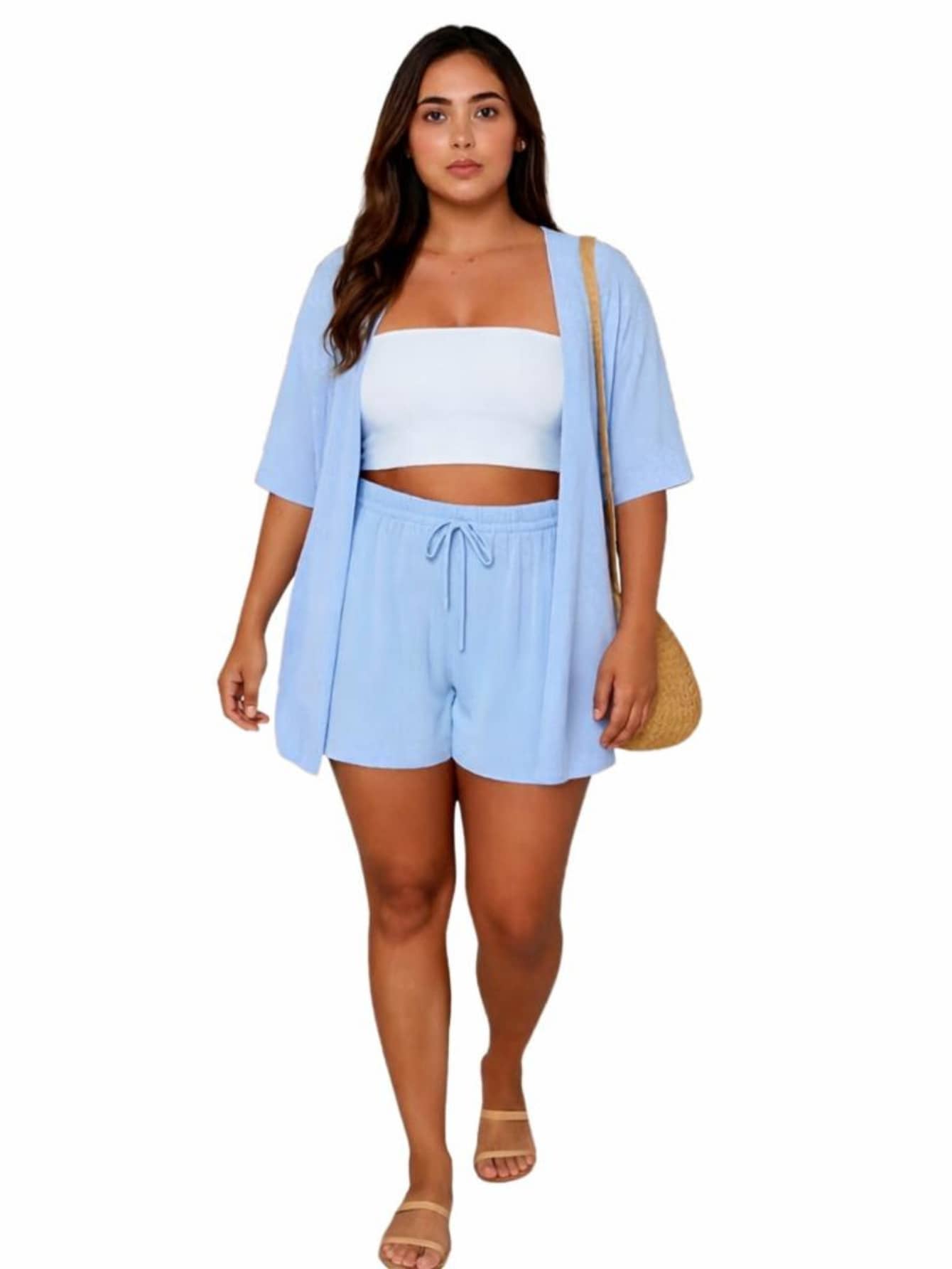 2-Piece Set: Kimono + Shorts, Duna Style, Women's Blogger Style, 2026 Beachwear, Beach Cover-Up, Kimono - 藍色 - 查看 1