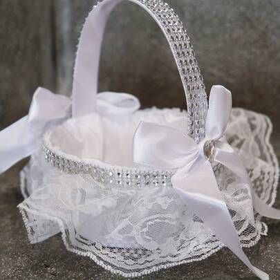 1pc Small White Flower Basket, Specially Designed For Weddings, Decorated With Lace And Satin Ribbons, Suitable For Holding Flower Petals. Can Also Be Used As A Small Gift Basket Or Fruit Basket, Adding A Romantic And Modern Touch To Weddings And Parties.