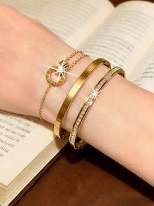3/1pc Set 18K Gold Plated Luxury Stainless Steel Bracelet Set, Full Rhinestone Inlaid Cross Roman Numeral Bracelet & Delicate Roman Numeral Bracelet, Stackable - Gold - View 3