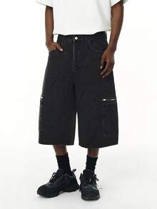 1 pieza Jeans anchos de longitud 7/8 de estilo retro y oversize en color negro, pantalones cortos vaqueros de trabajo casual para jóvenes, unisex (cinturón y accesorios no incluidos) - Negro - Ver 1