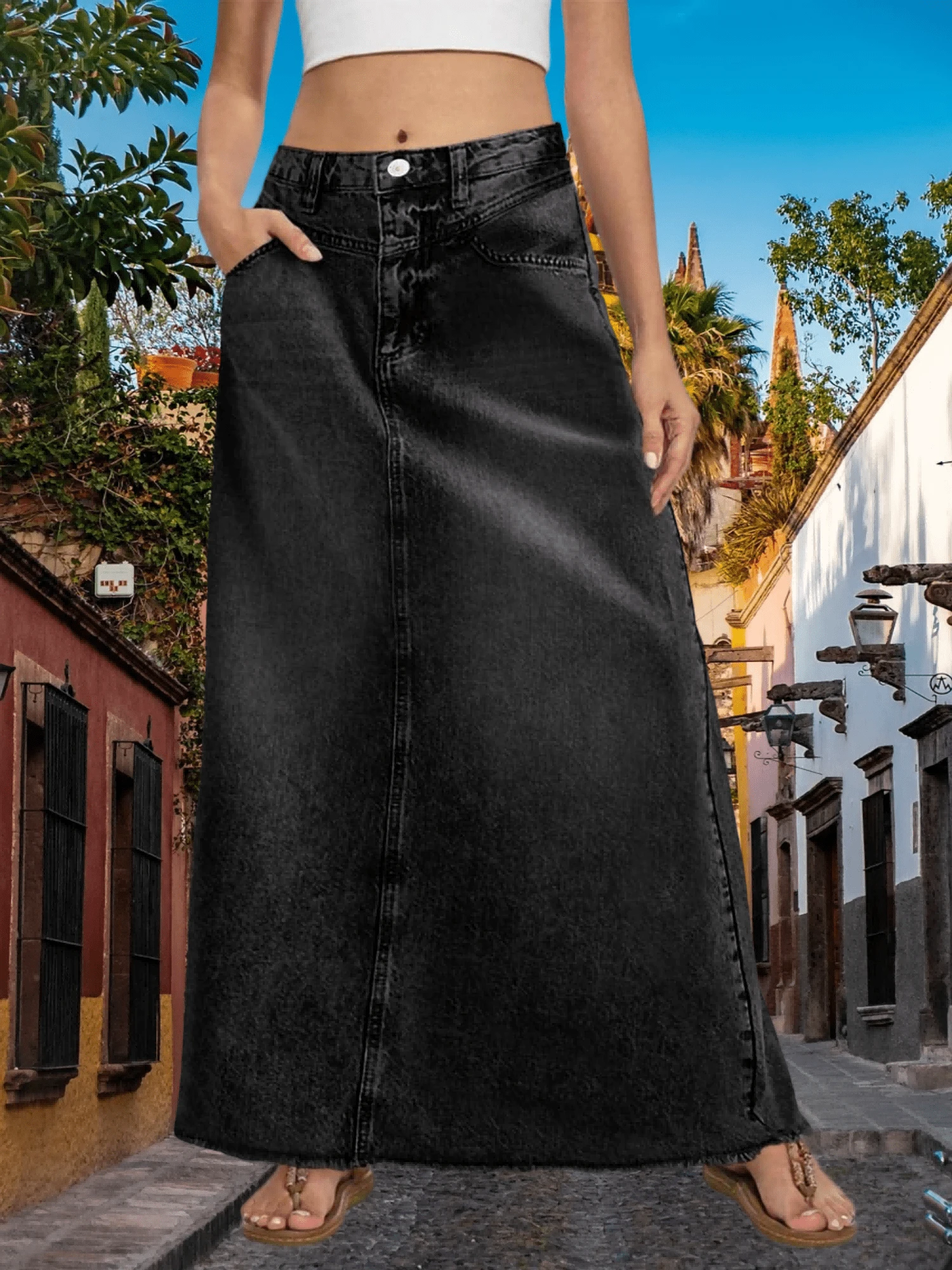 Women's Vintage Denim Maxi Skirt Casual Solid High Waist A-Line Frayed Hem Long Jean Skirt With Pockets - 黑色 - 查看 1