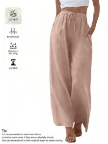 [Linen Wide-Leg Pants] Breathable And Moisture-Wicking Wide-Leg Trousers - Elegant And Comfortable Sold Color Loose Linen Pants For Women Summer Flowy High Waisted Beach Palazzo Trousers  - 杏色 - 查看 1