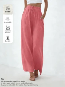 [Linen Wide-Leg Pants] Breathable And Moisture-Wicking Wide-Leg Trousers - Elegant And Comfortable Sold Color Loose Linen Pants For Women Summer Flowy High Waisted Beach Palazzo Trousers  - 西瓜紅 - 查看 9