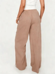 [Linen Wide-Leg Pants] Breathable And Moisture-Wicking Wide-Leg Trousers - Elegant And Comfortable Sold Color Loose Linen Pants For Women Summer Flowy High Waisted Beach Palazzo Trousers  - 杏色 - 查看 6