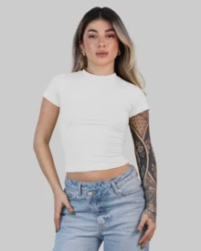 Women's Summer Cropped T-Shirt With Short Sleeves And Round Neck, Slim Fit, Solid Color, Aitona - trắng - Xem 1