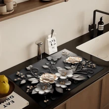 1pc 3D Floral Pattern Absorbent Drying Mat, New Waterproof Kitchen Counter Drying Pad, Soft Silicone Slip-Resistant Quick-Dry Mat For Kitchen, Suitable For Coffee Makers And More - Multicolor - View 3