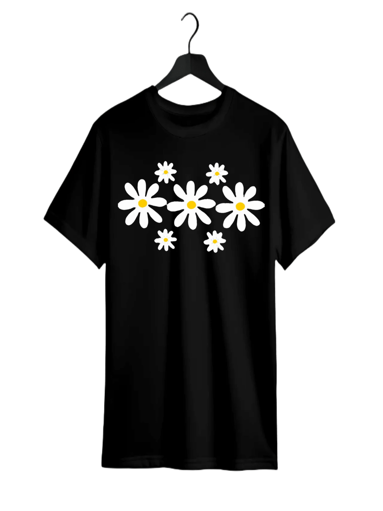 Women's Black Floral T-Shirt - Printed With Three White And Yellow Daisies - Lightweight And Comfortable Summer Top - Crew Neck - Machine Washable - A Must-Have For A Casual Outfit. Comfortable Fabric. - Black - View 1