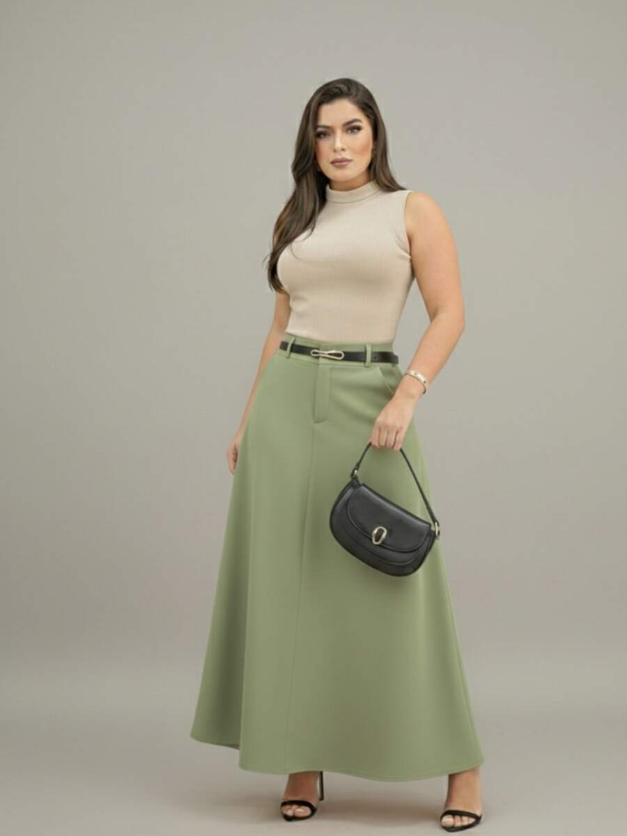 Long Tailored Skirt Evangelical Fashion With Pocket And Zipper - 薄荷綠 - 查看 1