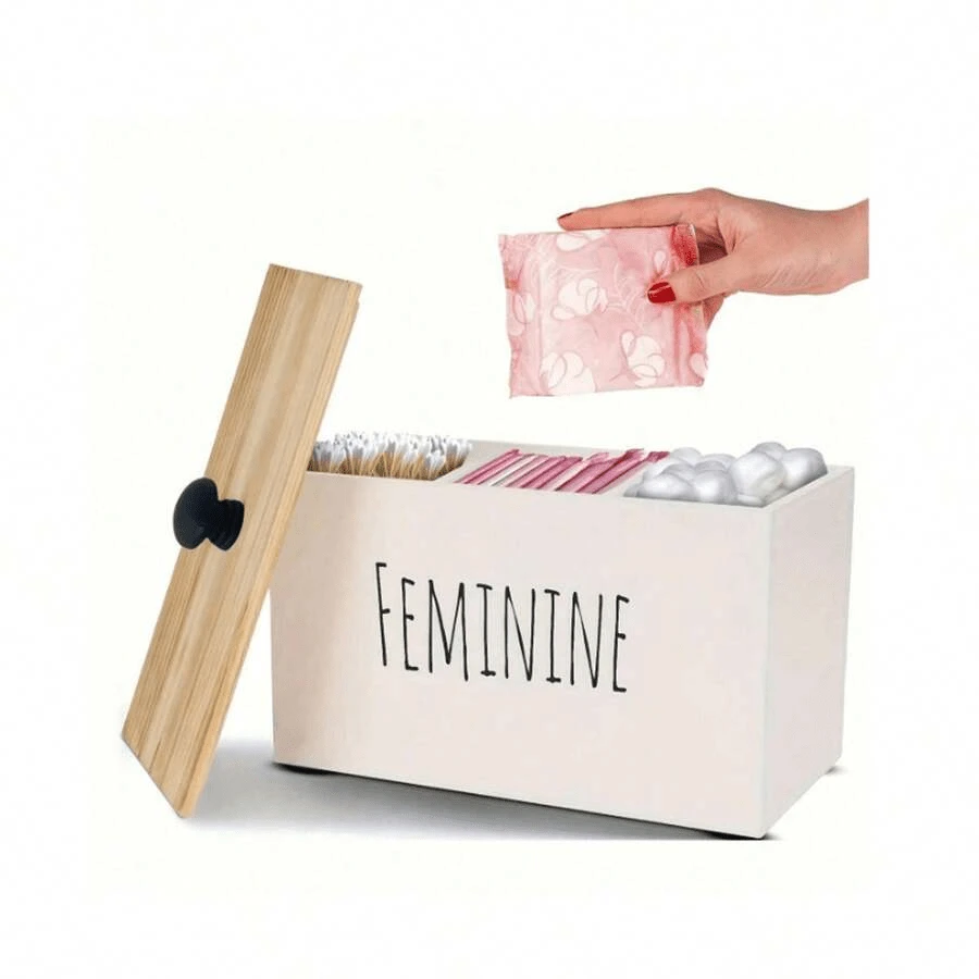 Caja de almacenamiento de tampones de madera rústica y estilo granja con tapa - Organizador versátil de baño para productos femeninos, accesorio de decoración del hogar, almacenamiento de tampones para baño, pequeño gabinete de almacenamiento de baño - Ver 1