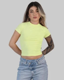 Women's Summer Cropped T-Shirt With Short Sleeves And Round Neck, Slim Fit, Solid Color, Aitona - 黃色 - 查看 2