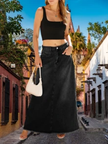 Women's Vintage Denim Maxi Skirt Casual Solid High Waist A-Line Frayed Hem Long Jean Skirt With Pockets - 黑色 - 查看 2