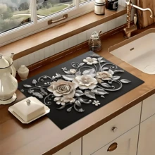 1pc 3D Floral Design Absorbent Drying Mat, New Waterproof Kitchen Counter Drying Pad, Soft Silicone Non-Slip Quick Dry Mat For Kitchen Counter, Coffee Maker, Etc. - FULSD253 - View 5