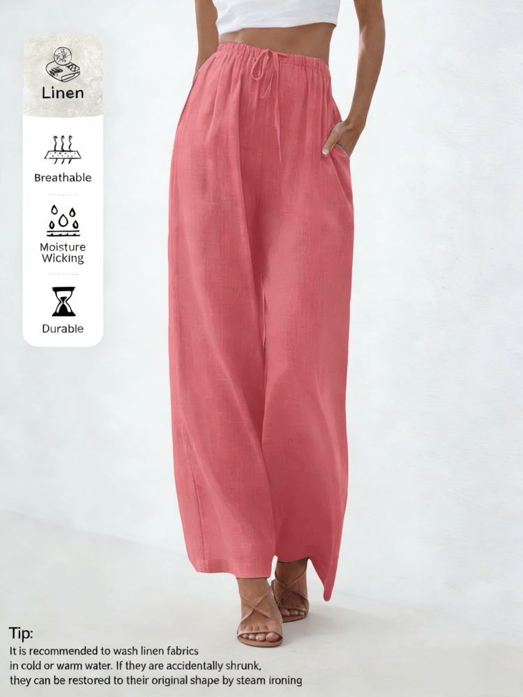 [Linen Wide-Leg Pants] Breathable And Moisture-Wicking Wide-Leg Trousers - Elegant And Comfortable Sold Color Loose Linen Pants For Women Summer Flowy High Waisted Beach Palazzo Trousers  - 西瓜紅 - 查看 10