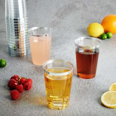 100pcs Gold/Silver Cups, 6.76oz (200ml) Clear Cups, Gold/Silver Rim, Beer Mugs, Hard Party Cups, Premium Gold/Silver Edged Cups, Coffee Cups, Hot/Cold Beverage Cups, Ideal For Birthday Parties, Family Gatherings, Picnics, Parties, Weddings And Events Decoration