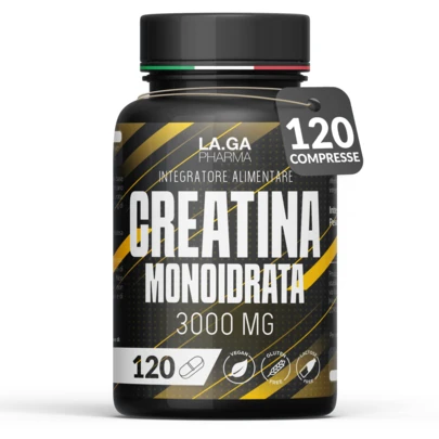 LA.GA PHARMA Kreatin Monohydrat 120 Tabletten mit 3000 mg reinem Kreatin pro Dosis. Kreatin für Muskelaufbau und Energie-Boost. Kreatin Pre und Post Workout. Hergestellt in Italien, 100% Vegan.