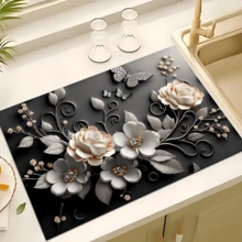 1pc 3D Floral Pattern Absorbent Drying Mat, New Waterproof Kitchen Counter Drying Pad, Soft Silicone Slip-Resistant Quick-Dry Mat For Kitchen, Suitable For Coffee Makers And More - Multicolor - View 2