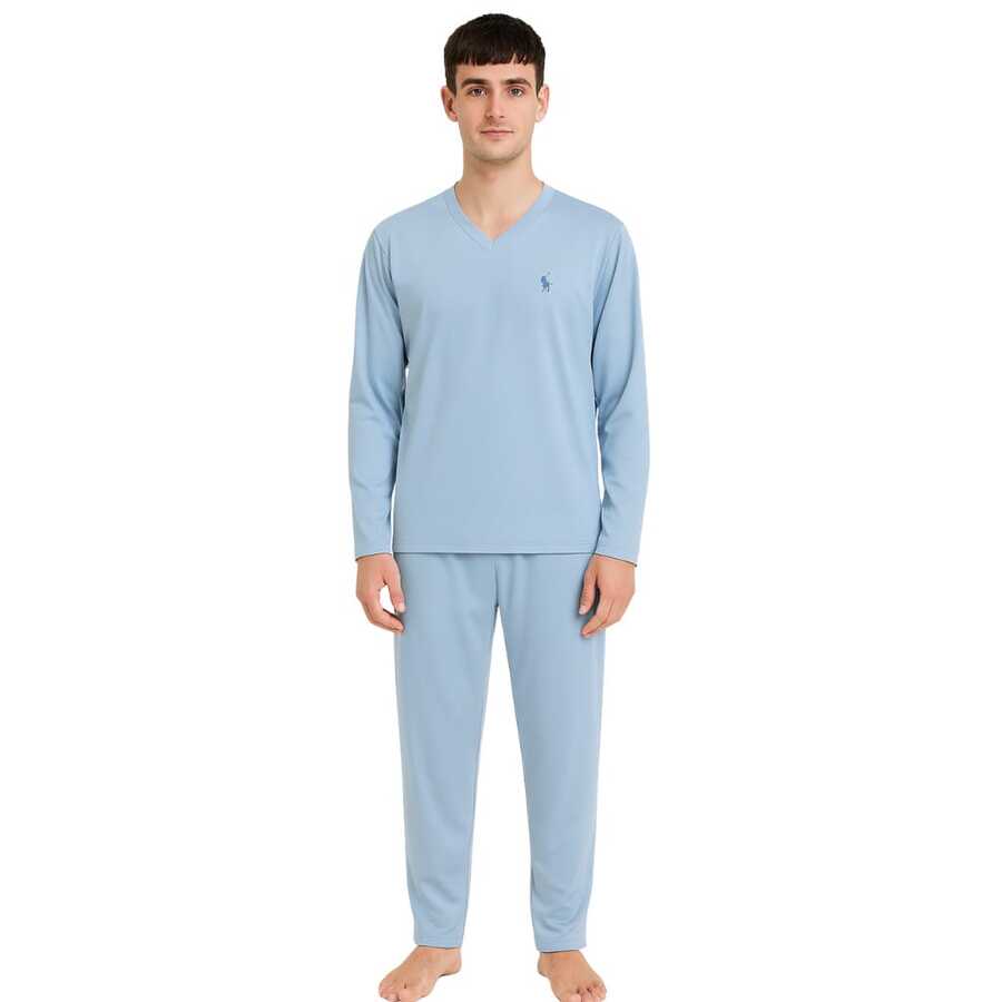 Men's Basic Embroidered Long Pajamas, Assorted Patterns, Sizes S To XL - 淺藍色 - 查看 1