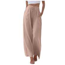 [Linen Wide-Leg Pants] Breathable And Moisture-Wicking Wide-Leg Trousers - Elegant And Comfortable Sold Color Loose Linen Pants For Women Summer Flowy High Waisted Beach Palazzo Trousers  - 杏色 - 查看 8