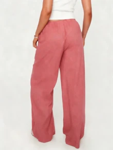 [Linen Wide-Leg Pants] Breathable And Moisture-Wicking Wide-Leg Trousers - Elegant And Comfortable Sold Color Loose Linen Pants For Women Summer Flowy High Waisted Beach Palazzo Trousers  - 西瓜紅 - 查看 3