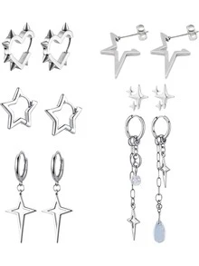 Yanxyad 1/6Pairs Earrings Set Y2K Heart Spike Stud Gothic Star Hoop Emo Punk Grunge Thorn Earrings Set & Jewelry Gift - Silver - View 1