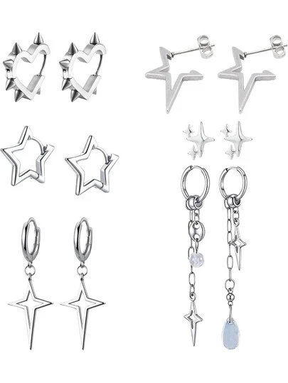 Yanxyad 1/6Pairs Earrings Set Y2K Heart Spike Stud Gothic Star Hoop Emo Punk Grunge Thorn Earrings Set & Jewelry Gift