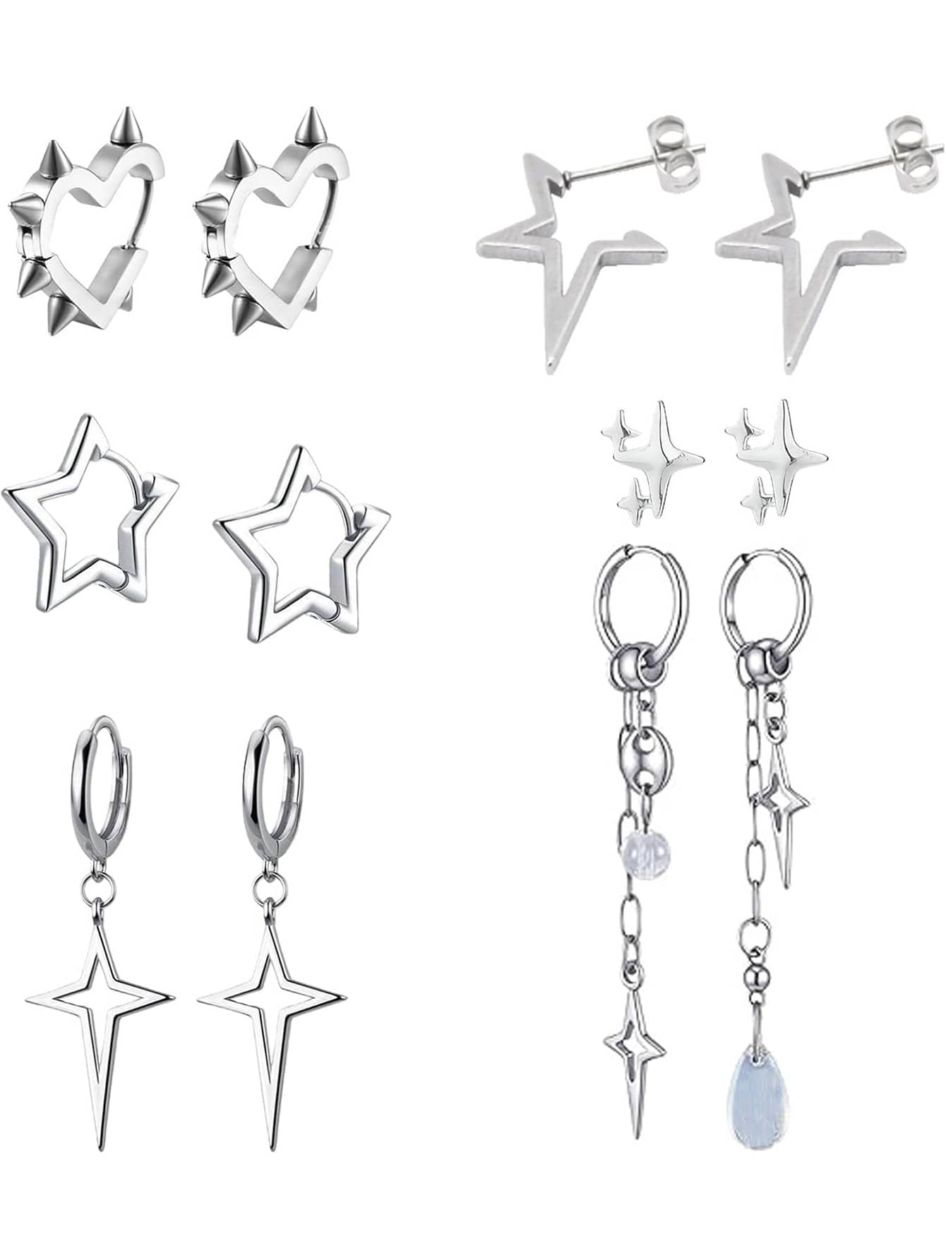 Yanxyad 1/6Pairs Earrings Set Y2K Heart Spike Stud Gothic Star Hoop Emo Punk Grunge Thorn Earrings Set & Jewelry Gift - Silver - View 1