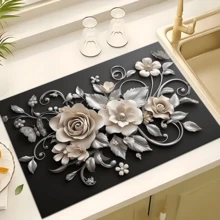 1pc 3D Floral Design Absorbent Drying Mat, New Waterproof Kitchen Counter Drying Pad, Soft Silicone Non-Slip Quick Dry Mat For Kitchen Counter, Coffee Maker, Etc. - FULSD253 - View 2